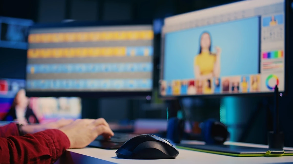 Dijital İçerik Tasarımı 3 content specialist working graphic design media company selecting best editorial pictures social media post expert editing photos advertising agency office close up shot